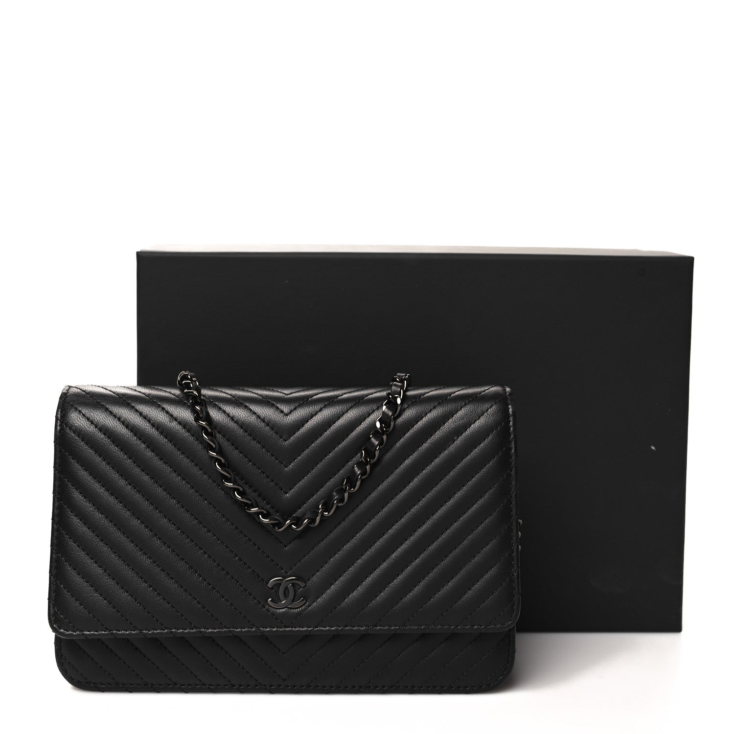 Chanel Lambskin Chevron Quilted Wallet On Chain WOC So Black 13 of 13