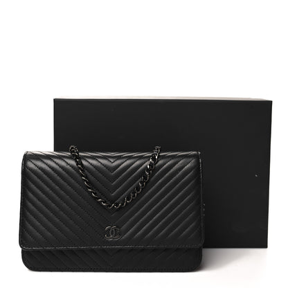 Chanel Lambskin Chevron Quilted Wallet On Chain WOC So Black 13 of 13