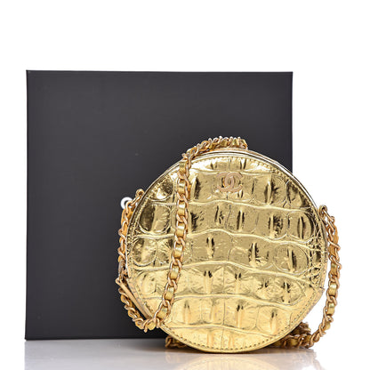 Chanel Metallic Calfskin Crocodile Embossed Cocodile Round Clutch with Chain Gold 10 of 10