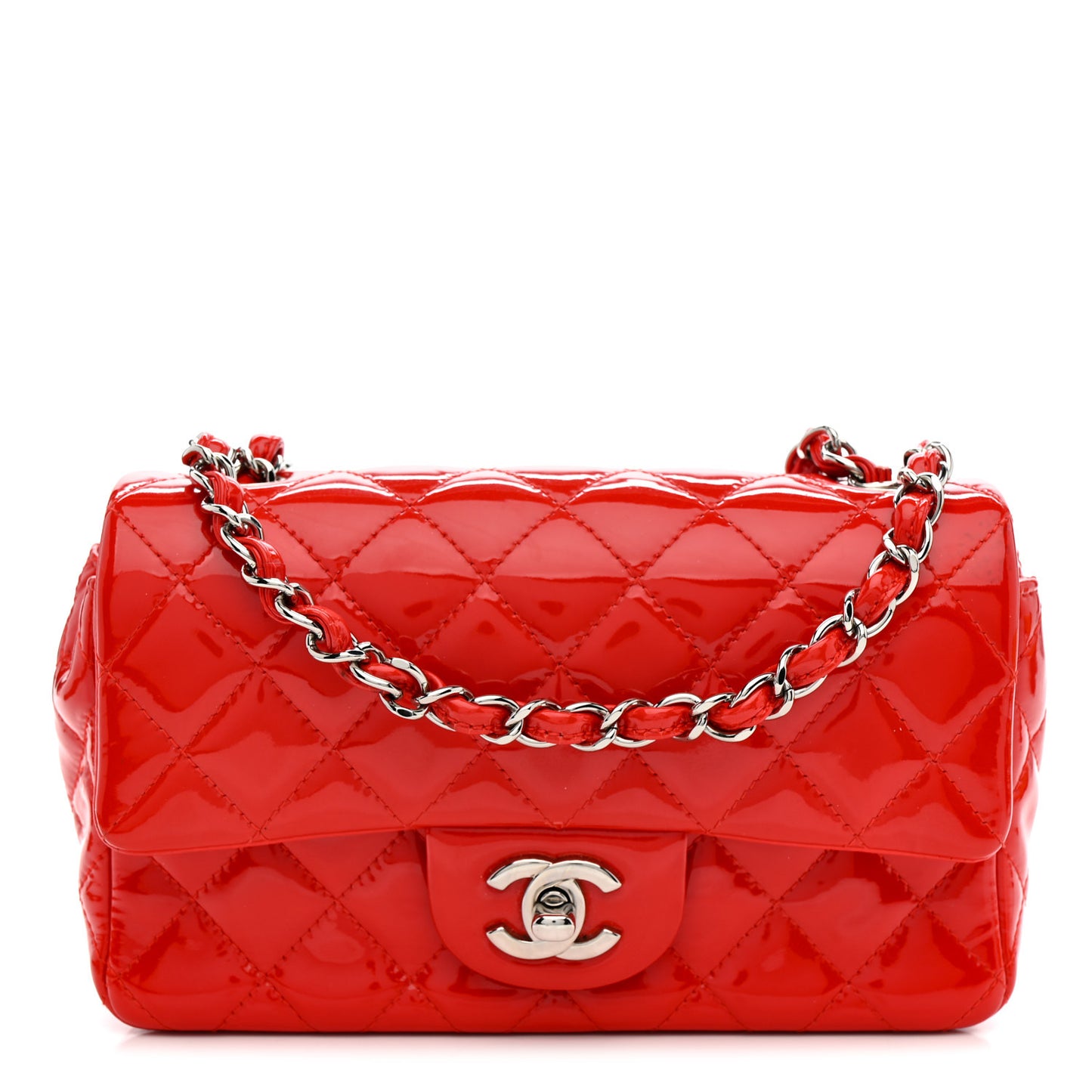 Patent Calfskin Quilted Mini Rectangular Flap Red