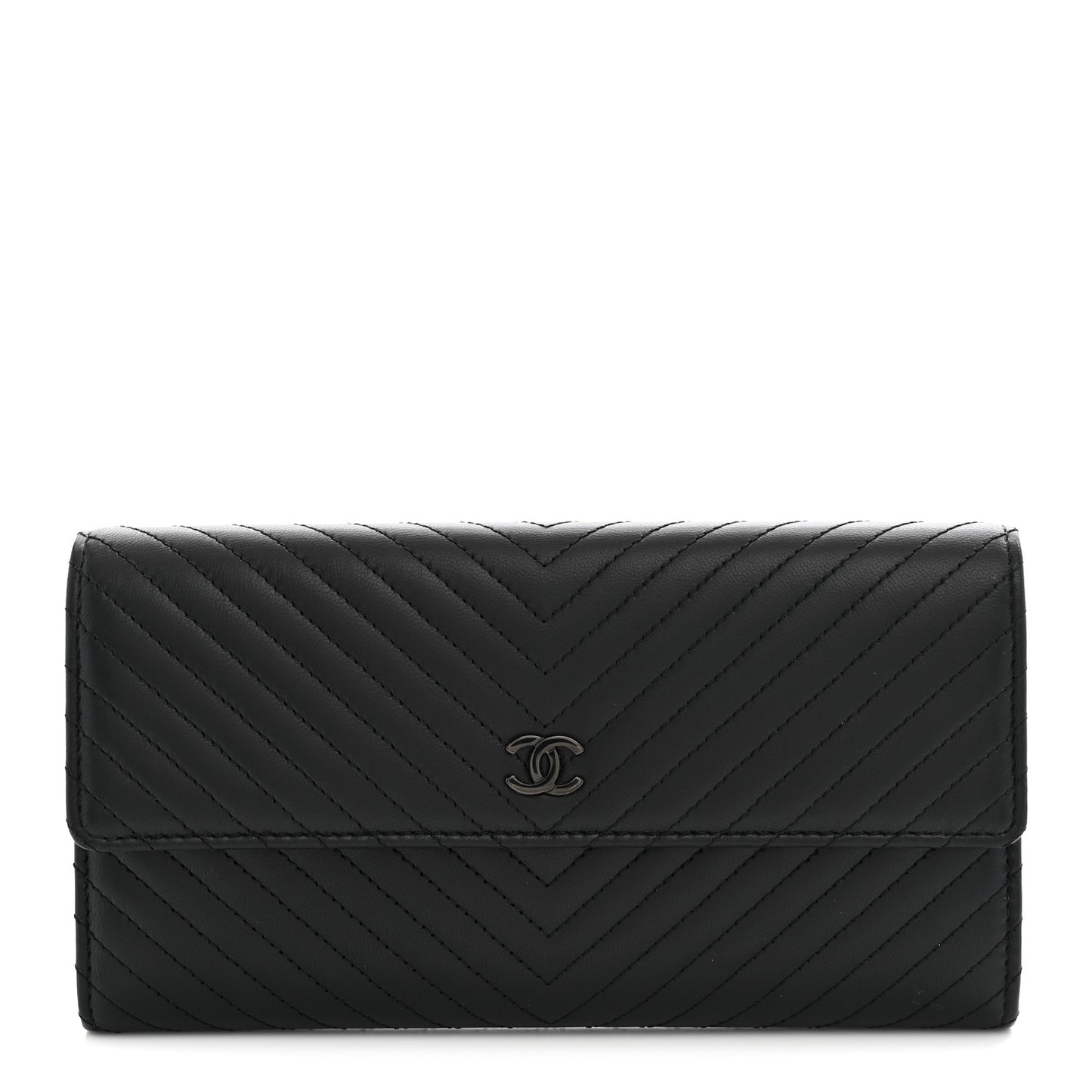 Lambskin Chevron Quilted Large Gusset Flap Wallet So Black