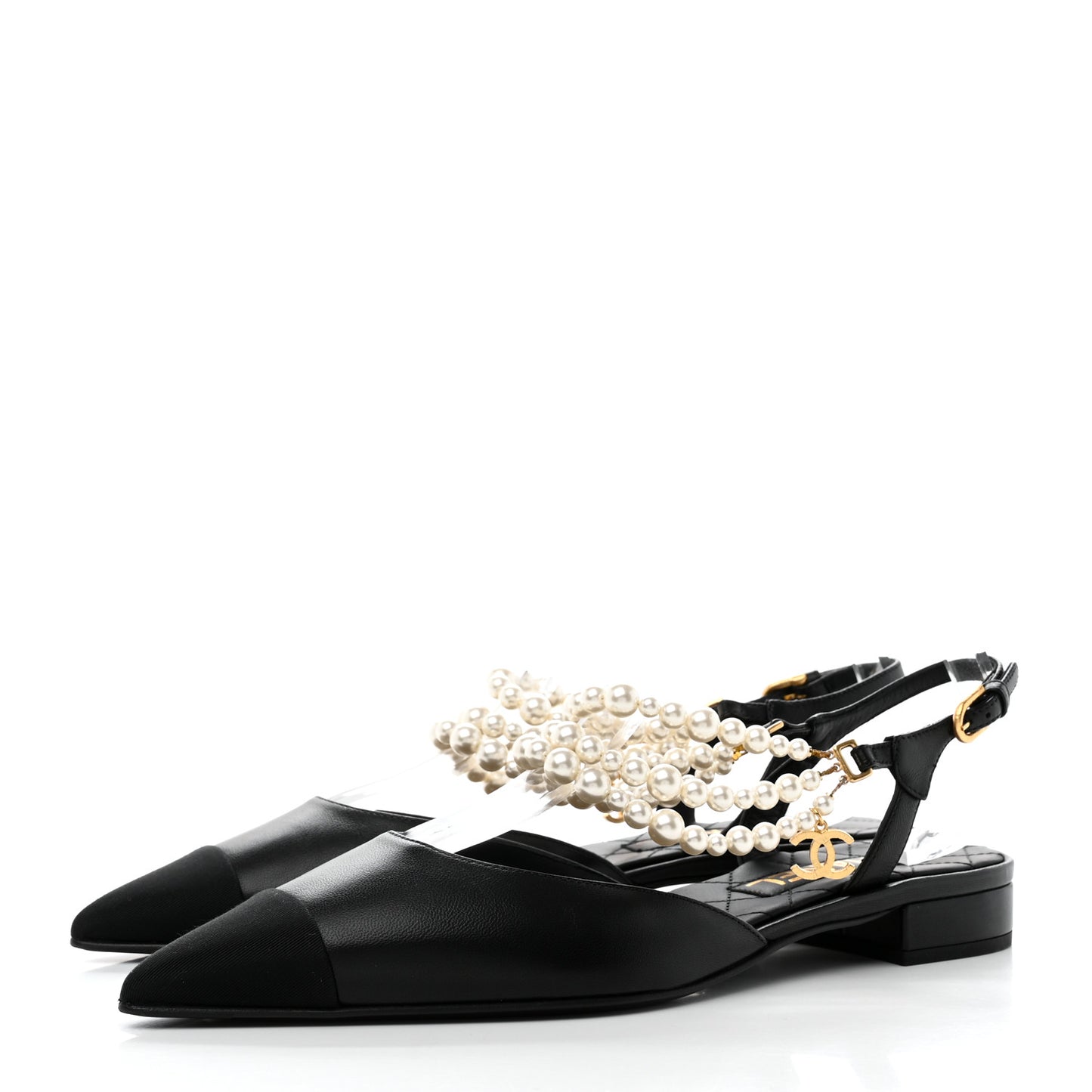 Lambskin Grosgrain Cap Toe Pearl Slingbacks 40.5 Black