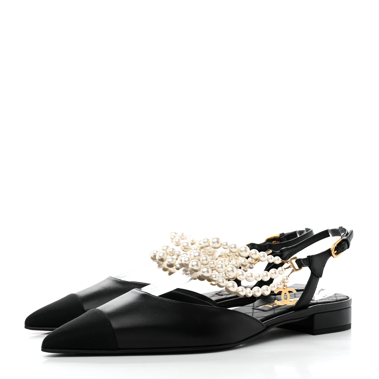 Chanel Lambskin Grosgrain Cap Toe Pearl Slingbacks 40.5 Black 3 of 10