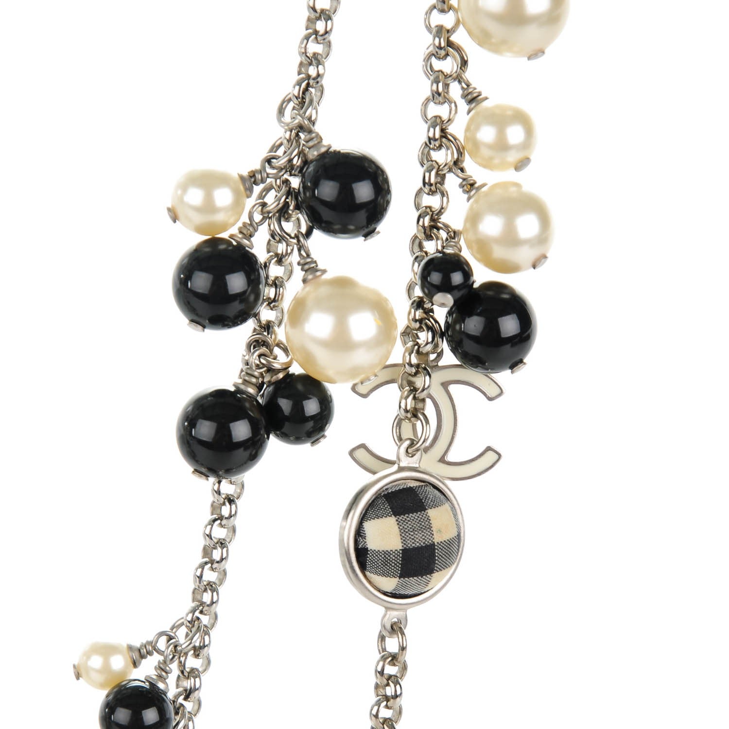 Chanel Pearl Beaded Gingham CC Long Necklace Black 4 of 7