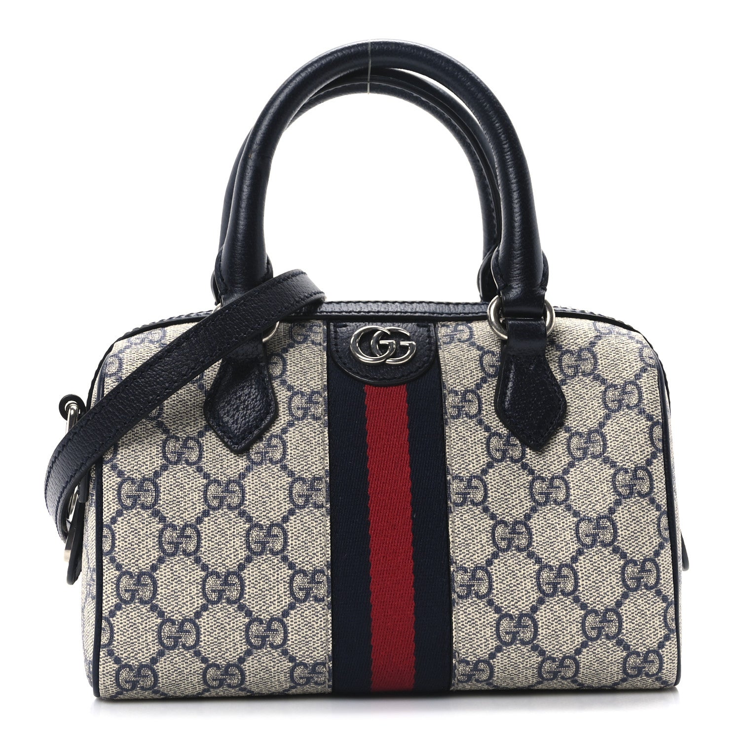 Gucci GG Supreme Monogram Textured Dollar Calfskin Web Mini Ophidia Top Handle Bag Beige Blue 1 of 11