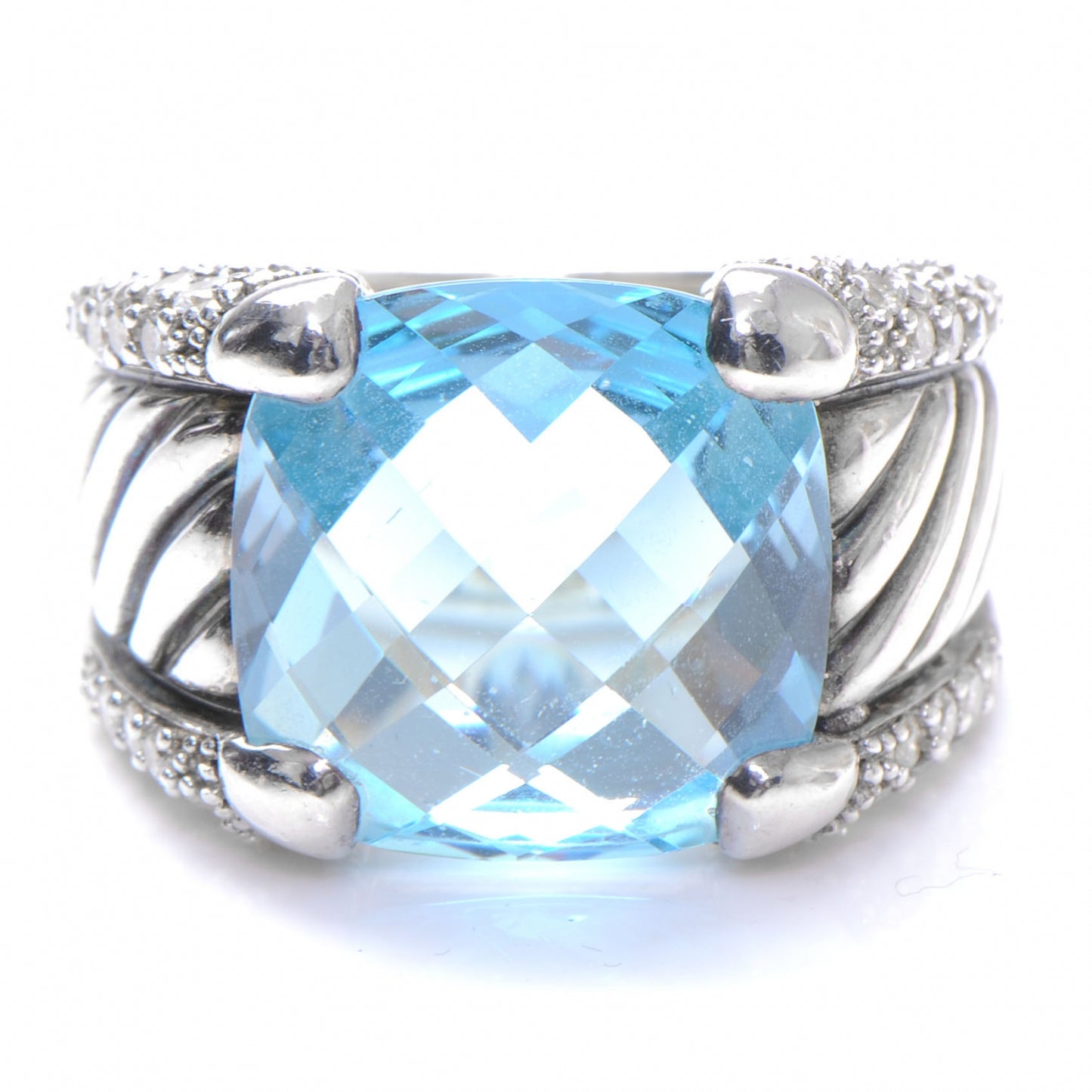 Sterling Diamond 14mm Pave Diamonds Blue Topaz Cocktail Ring 6