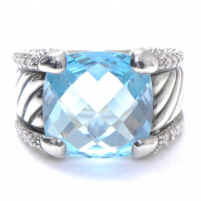 David Yurman Sterling Diamond 14mm Pave Diamonds Blue Topaz Cocktail Ring 6 1 of 5