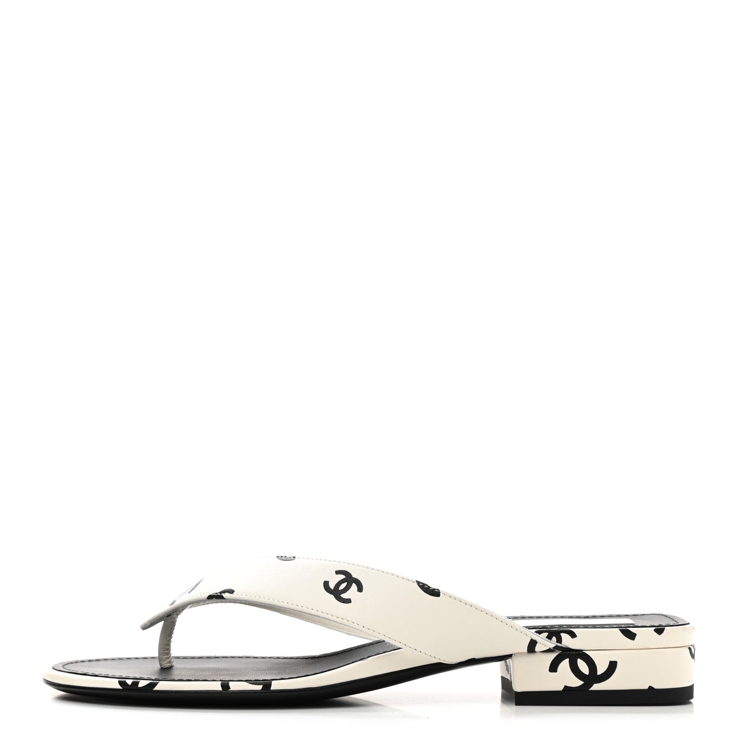 Chanel Lambskin Printed CC Thong Sandals 38 White Black 1 of 10