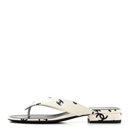 Chanel Lambskin Printed CC Thong Sandals 38 White Black 1 of 10