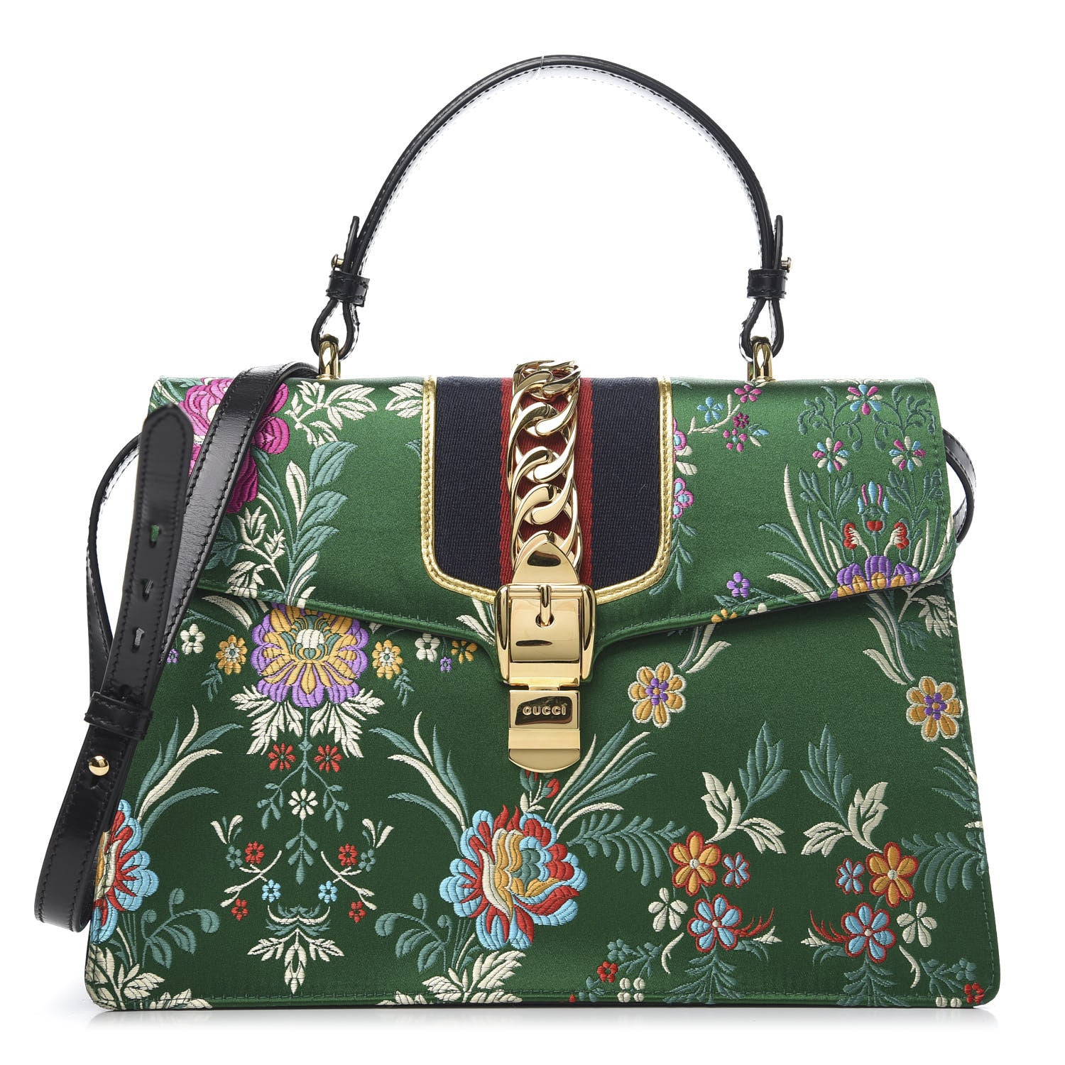 Gucci Jacquard Floral Medium Sylvie Top Handle Bag Green Multicolor Black 1 of 12