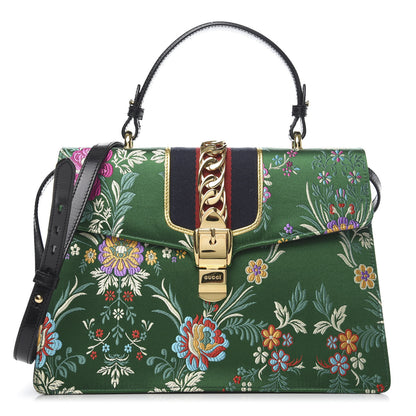 Gucci Jacquard Floral Medium Sylvie Top Handle Bag Green Multicolor Black 1 of 12