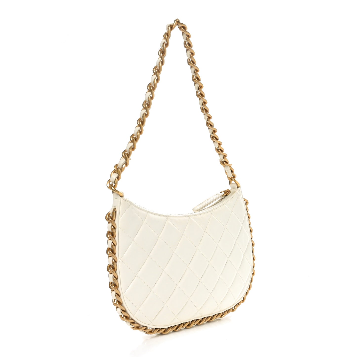 Shiny Crumpled Lambskin Quilted Chain Around Hobo White