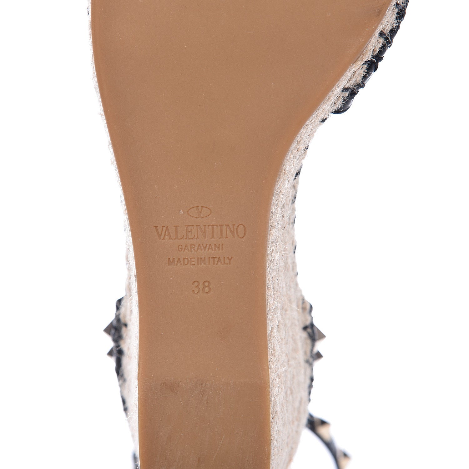Valentino Garavani Grained Calfskin Rockstud Ankle Wrap Espadrille 15/85mm Wedges 38 Black Light Ivory 7 of 10