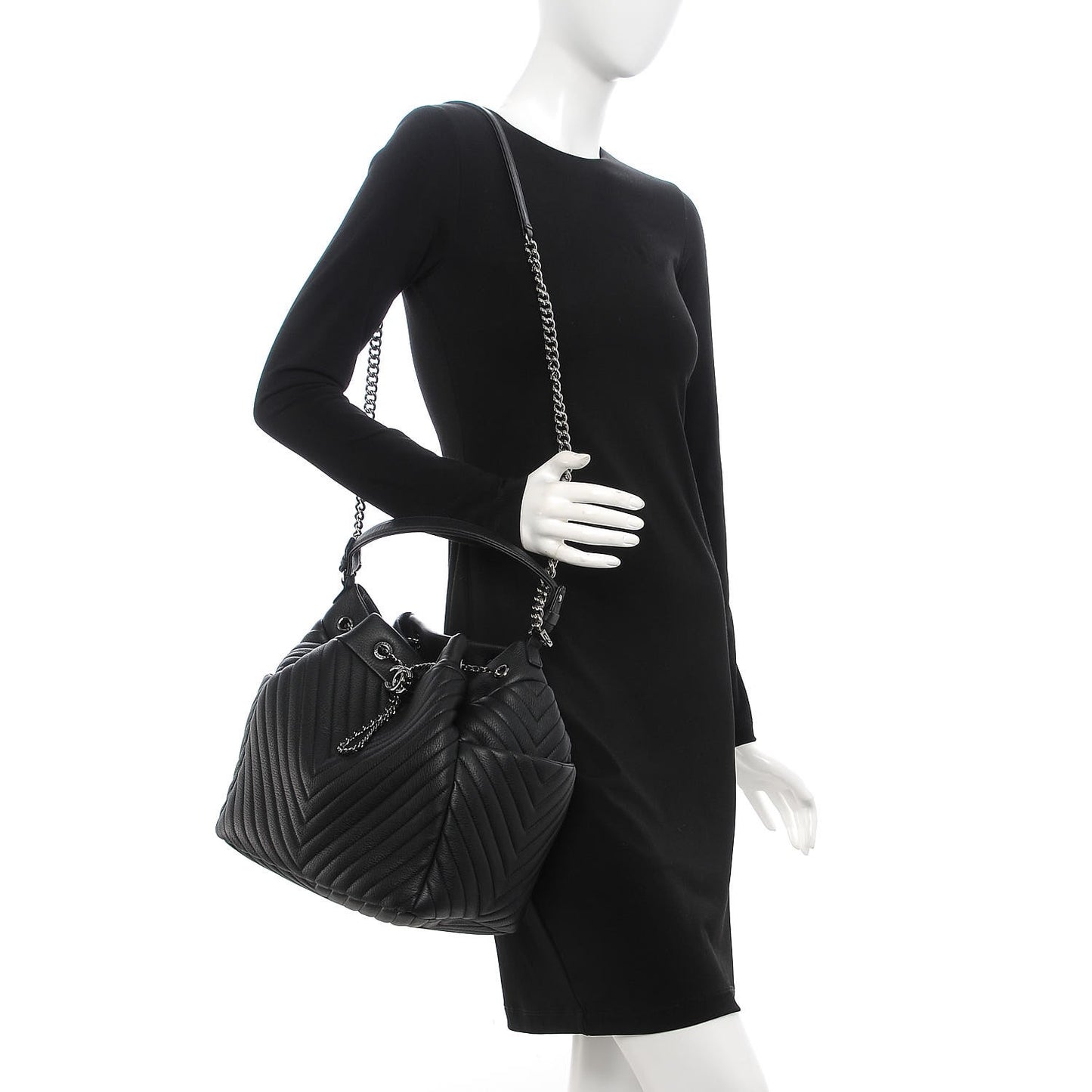 Deerskin Chevron Large CC Chain Bucket Drawstring Bag Black