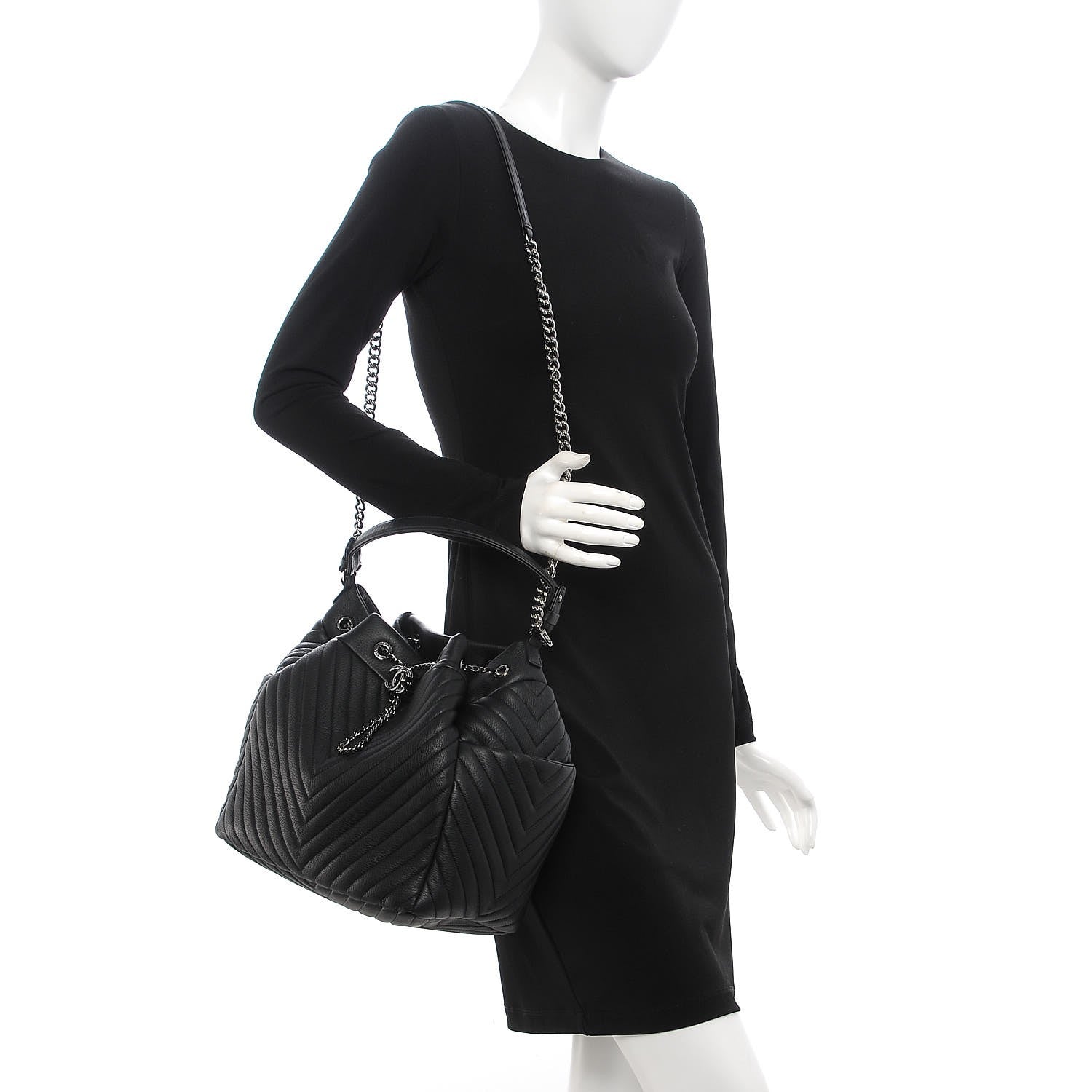 Chanel Deerskin Chevron Large CC Chain Bucket Drawstring Bag Black 2 of 9