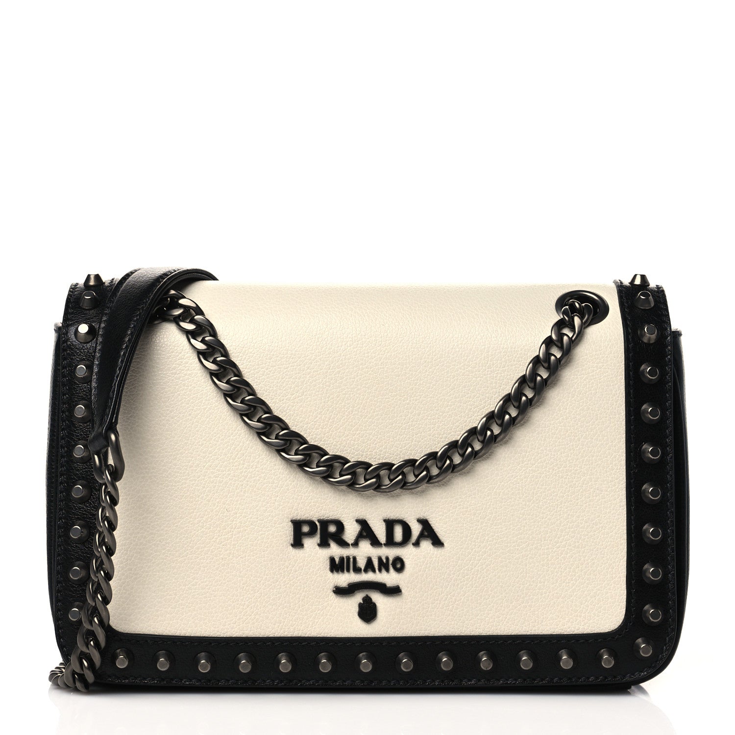 Prada Glace Calfskin Studded Crossbody White Black 1 of 10