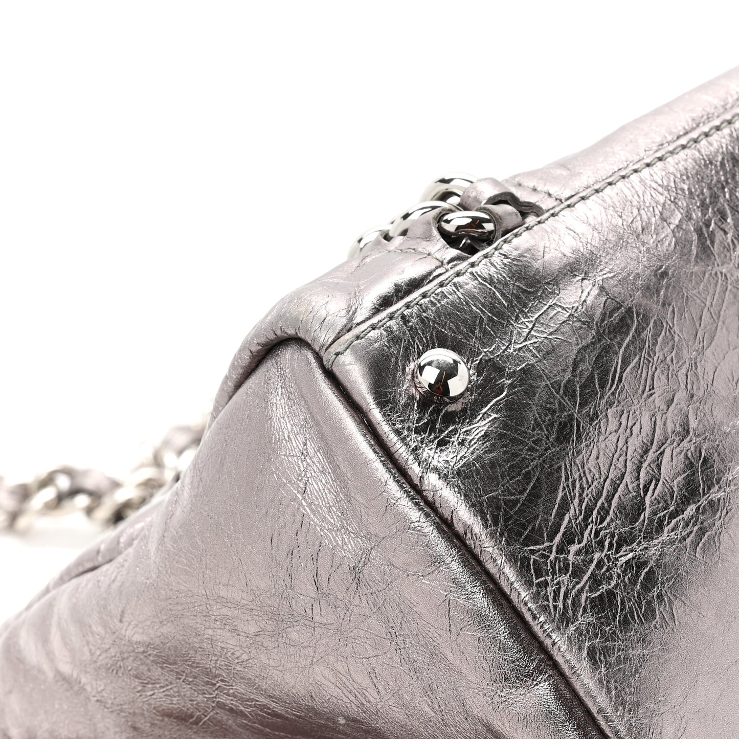 Metallic Cracked Calfskin Modern Chain Tote Dark Silver