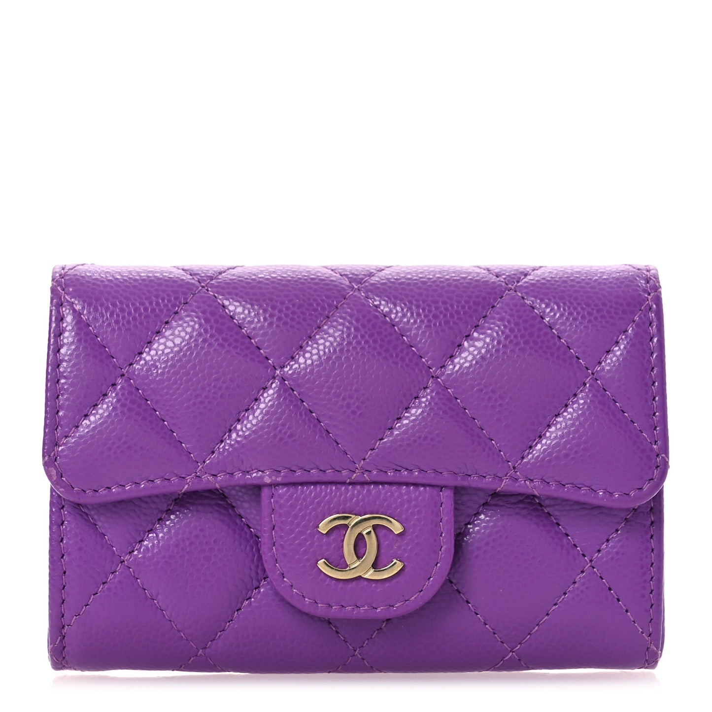 Caviar Quilted Flap Card Holder Wallet Purple
