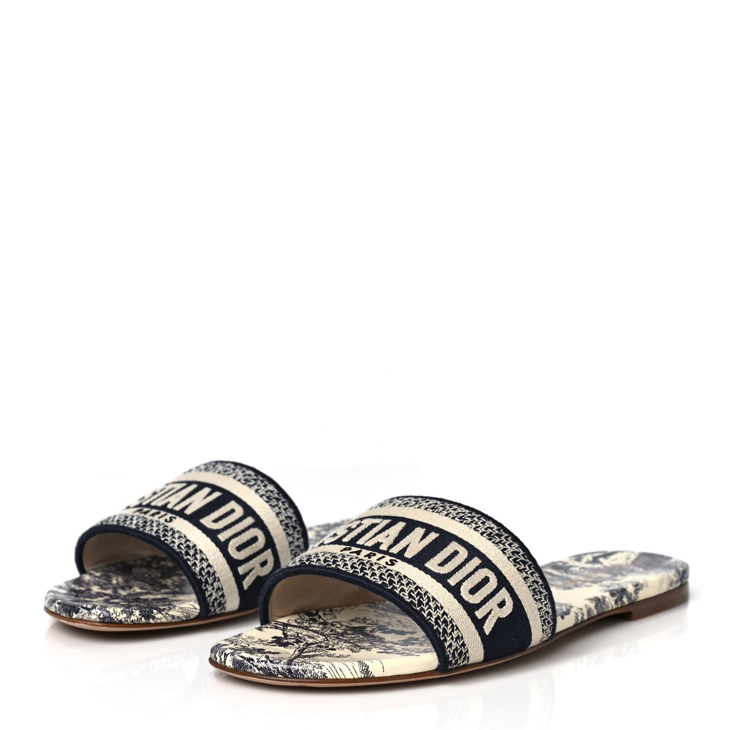 Canvas Toile de Jouy Embroidered Dway Flat Slide Sandals 38 Blue