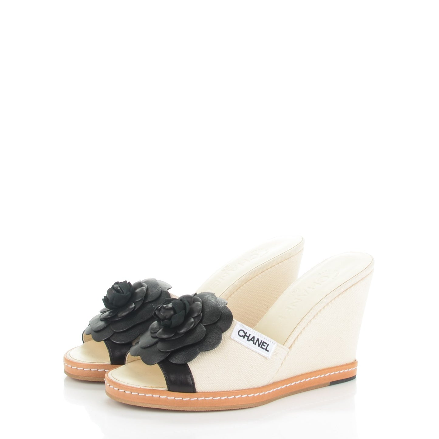 Canvas Camellia Wedge Sandals 36.5 Off White Black