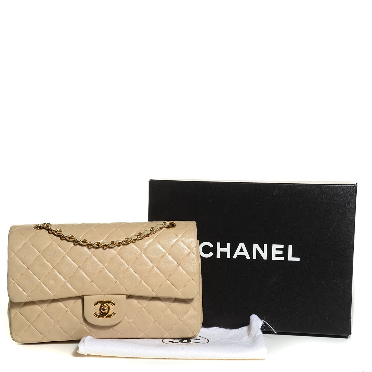 Lambskin Quilted Medium Double Flap Beige