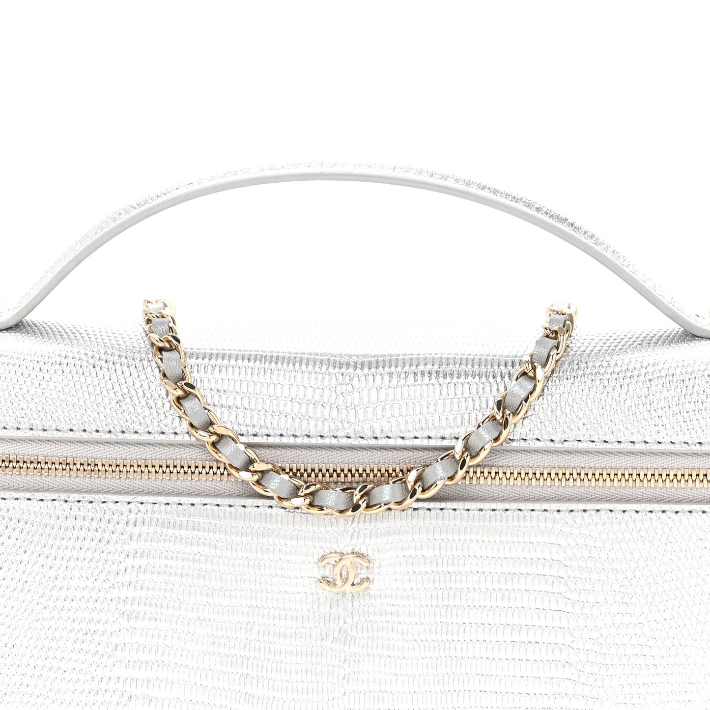 Lizard Embossed Calfskin Top Handle Slim Vanity With Chain Silvery