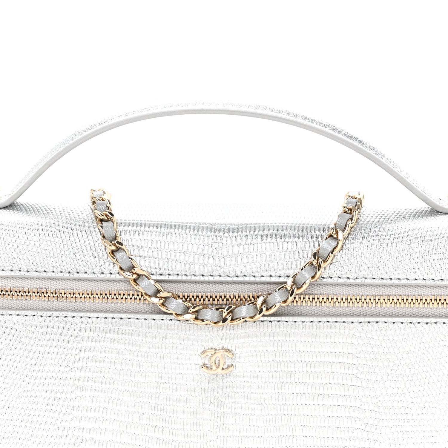 Chanel Lizard Embossed Calfskin Top Handle Slim Vanity With Chain Silvery 7 of 10