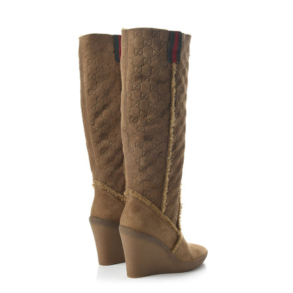 Gucci Suede Shearling Fur Microguccissima Courtney Tall Wedge Boots 8 Beige 4 of 7
