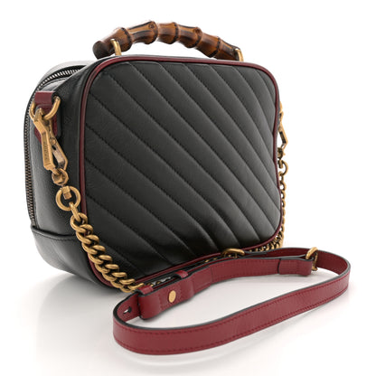 Gucci Vintage Effect Calfskin Matelasse Diagonal Small Torchon GG Marmont Bamboo Top Handle Shoulder Bag Black Romantic Cherry 3 of 11