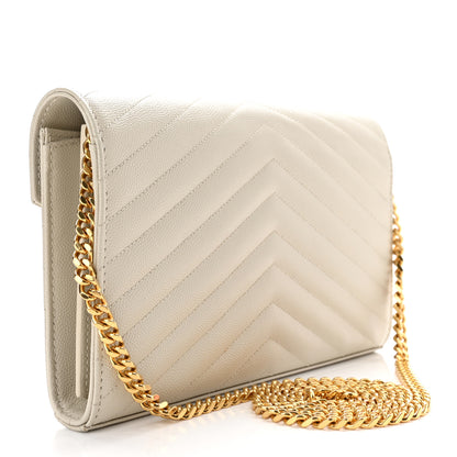 Saint Laurent Grain De Poudre Matelasse Chevron Monogram Chain Wallet Crema Soft 2 of 9