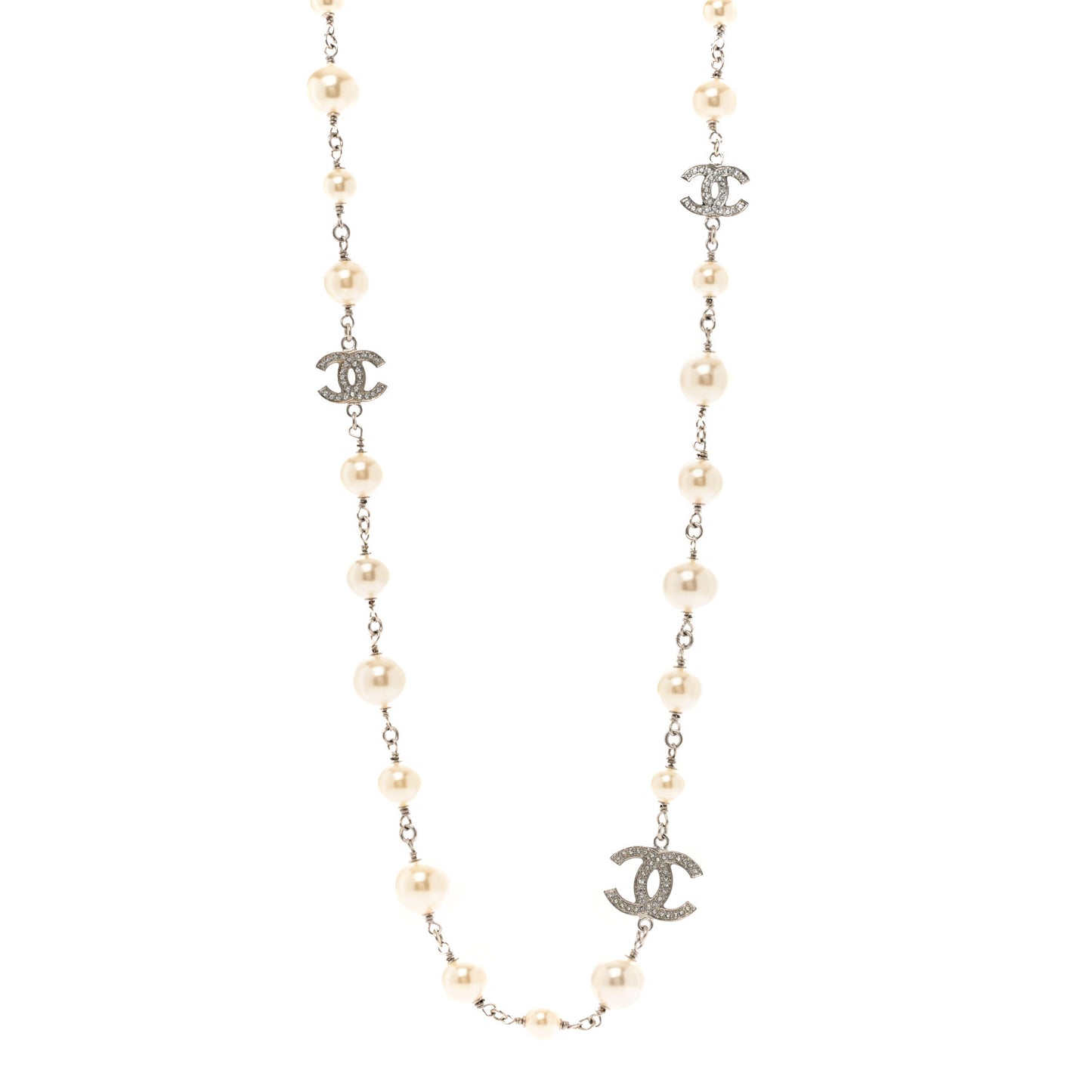 Graduated Pearl Crystal CC Long Necklace Silver