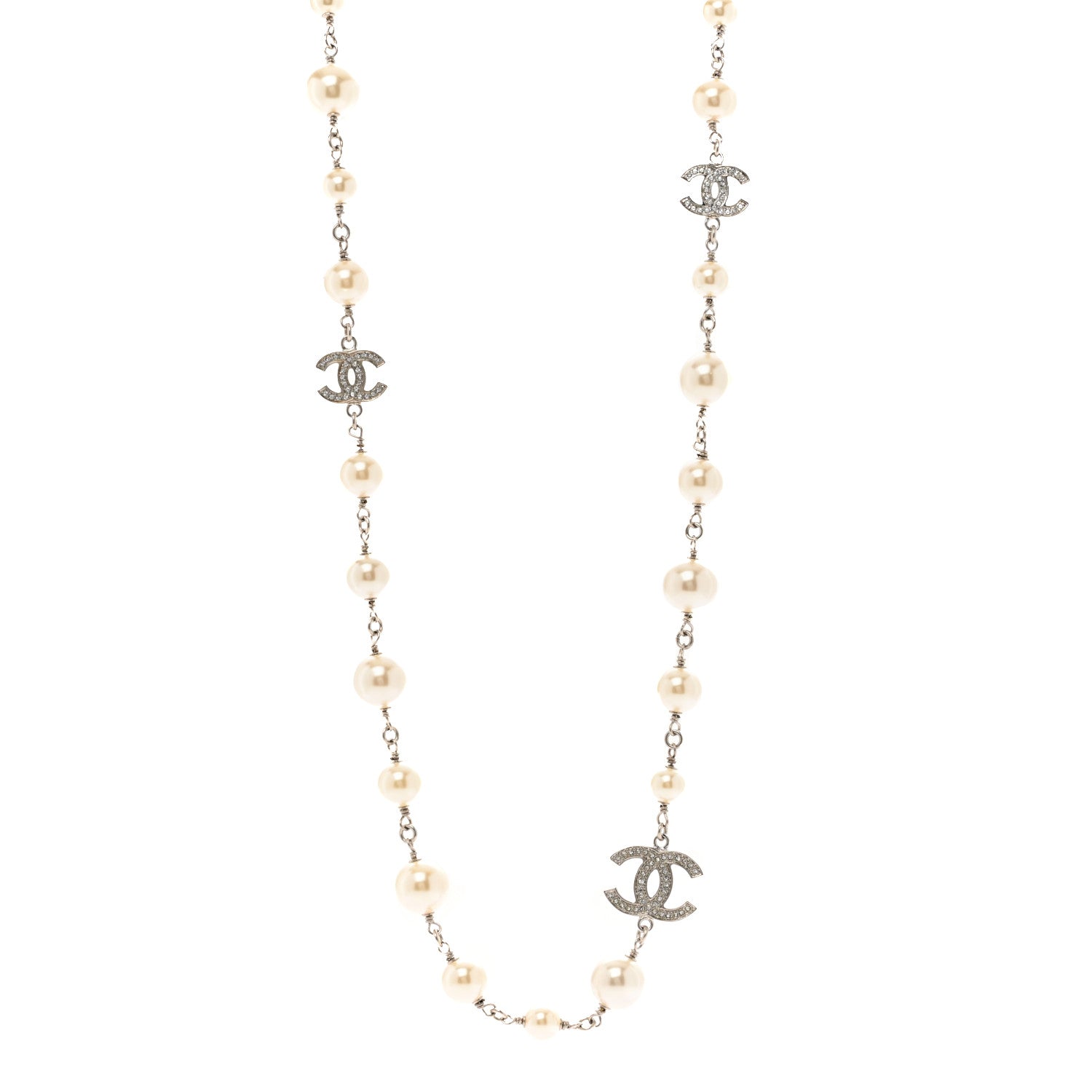 Chanel Graduated Pearl Crystal CC Long Necklace Silver 1 of 6