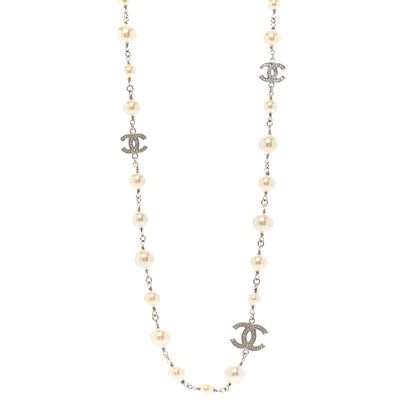 Chanel Graduated Pearl Crystal CC Long Necklace Silver 1 of 6