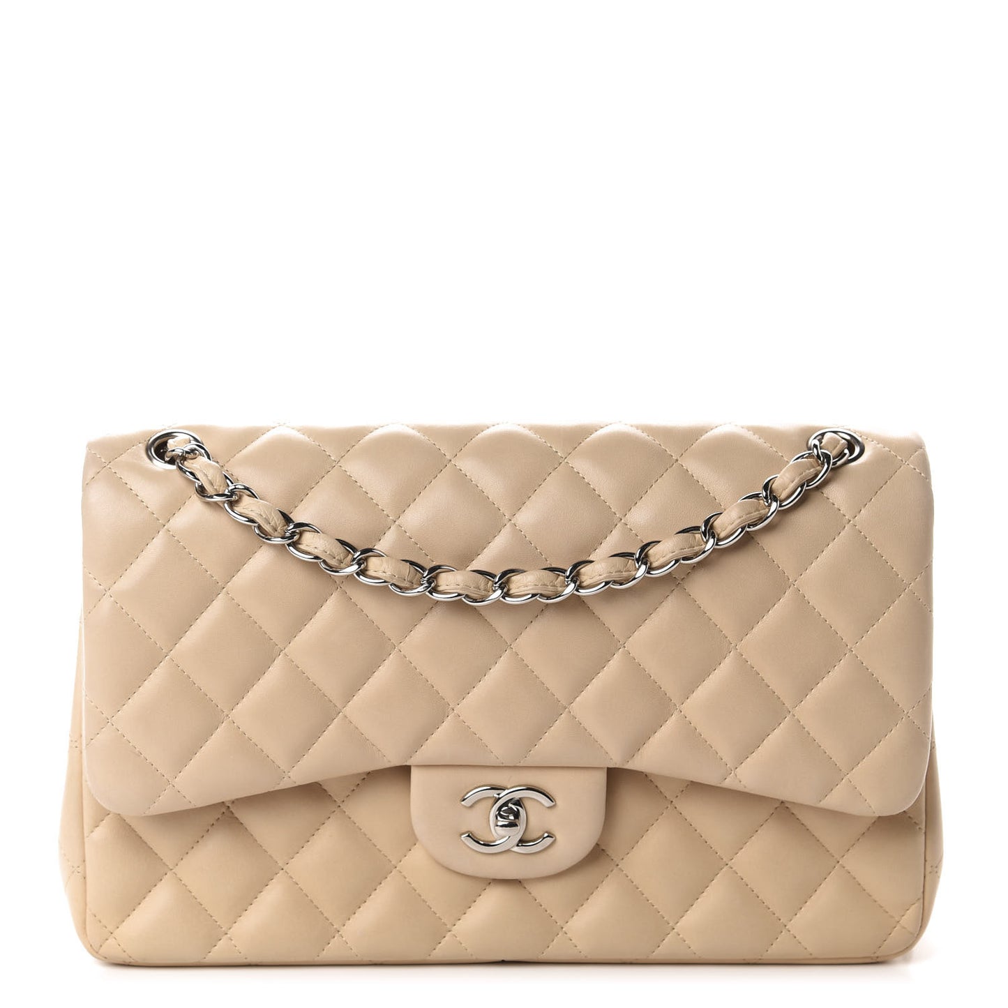 Lambskin Quilted Jumbo Double Flap Beige Clair