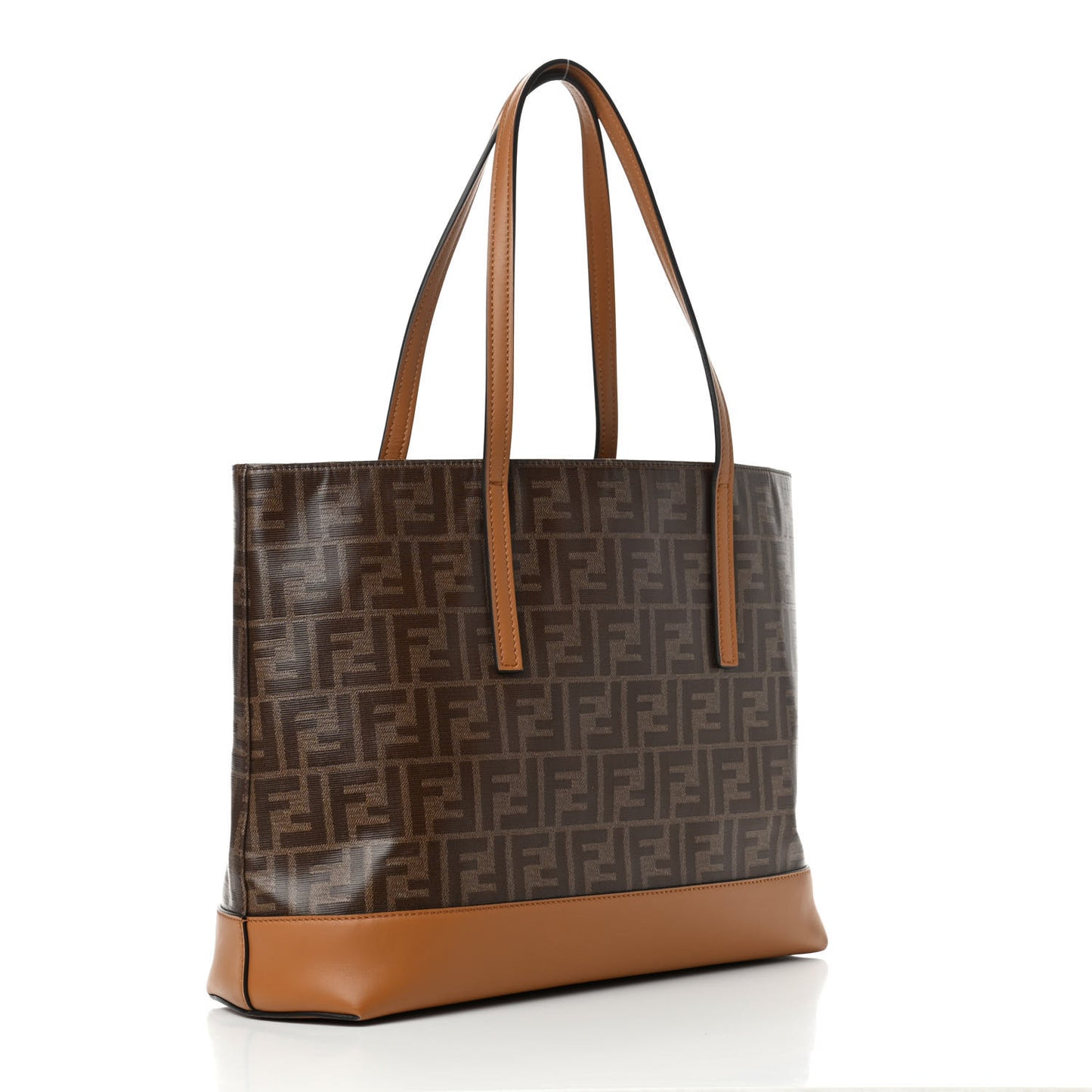 Glazed Fabric Vitello Century FF 1974 Stamp Patch Shopping Tote Mogano Panna Caramello