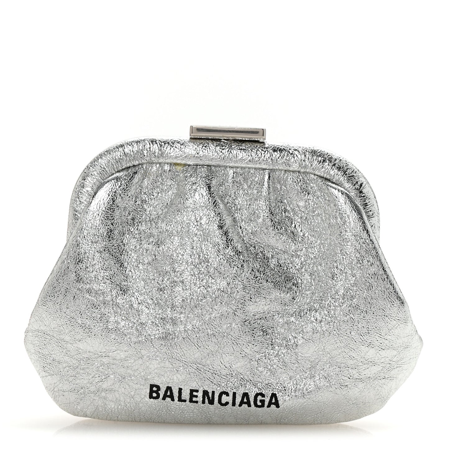 Metallic Textured Calfskin Logo Cloud Coin Purse With Strap Silver
