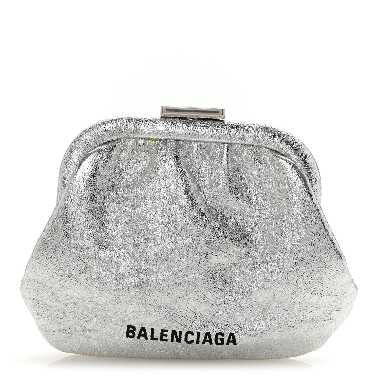 Balenciaga Metallic Textured Calfskin Logo Cloud Coin Purse With Strap Silver 1 of 7
