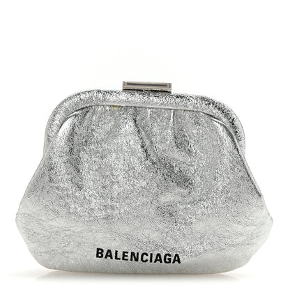 Balenciaga Metallic Textured Calfskin Logo Cloud Coin Purse With Strap Silver 1 of 7