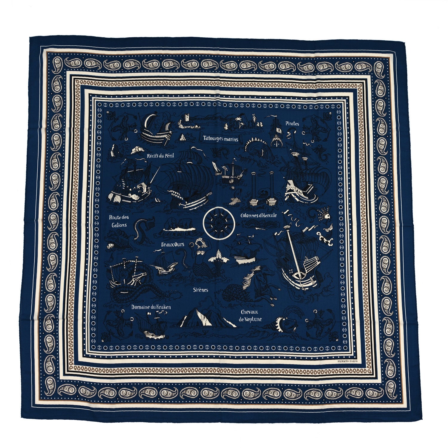 Hermes Silk Cashmere Tatouages Marins Shawl 140 Marine White 1 of 3