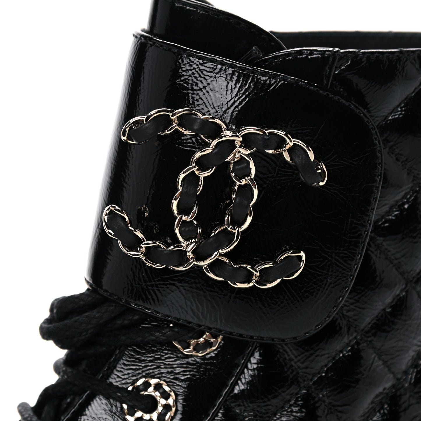 Shiny Calfskin Quilted Lace Up Combat Boots 37 Black