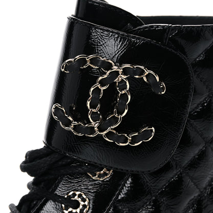 Chanel Shiny Calfskin Quilted Lace Up Combat Boots 37 Black 10 of 13