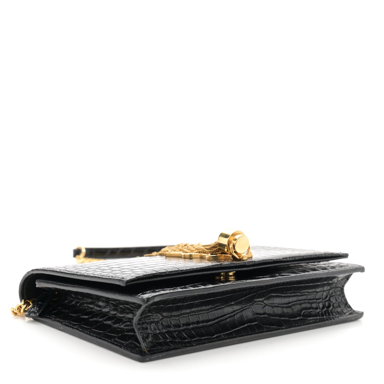 Saint Laurent Calfskin Crocodile Embossed Kate Monogram Tassel Chain Wallet Black 4 of 11