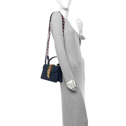 Gucci Vitello Fontanella Web Mini Sylvie Top Handle Bag Blue Agata 2 of 10