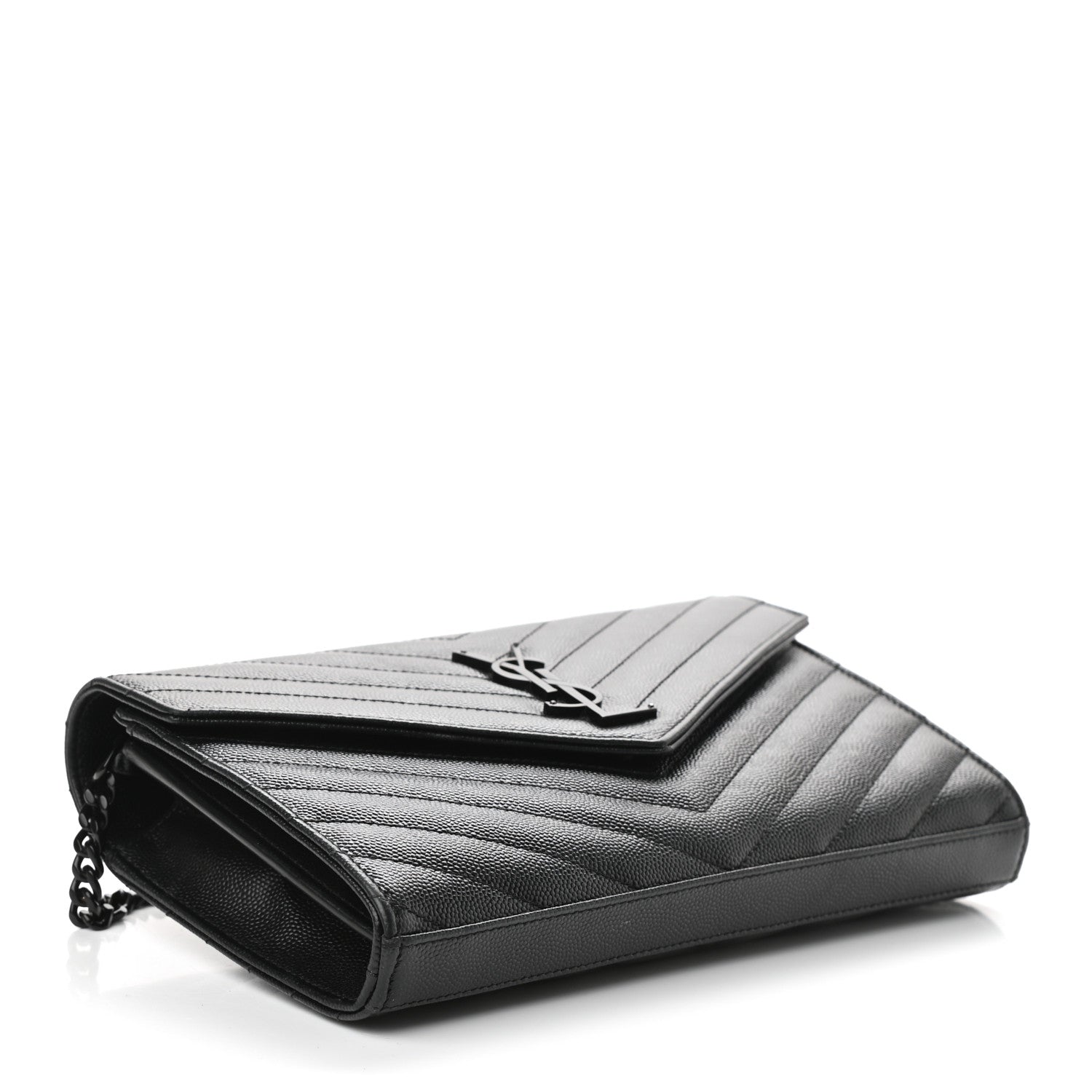 Saint Laurent Grain De Poudre Matelasse Chevron Monogram Chain Wallet Black 4 of 8