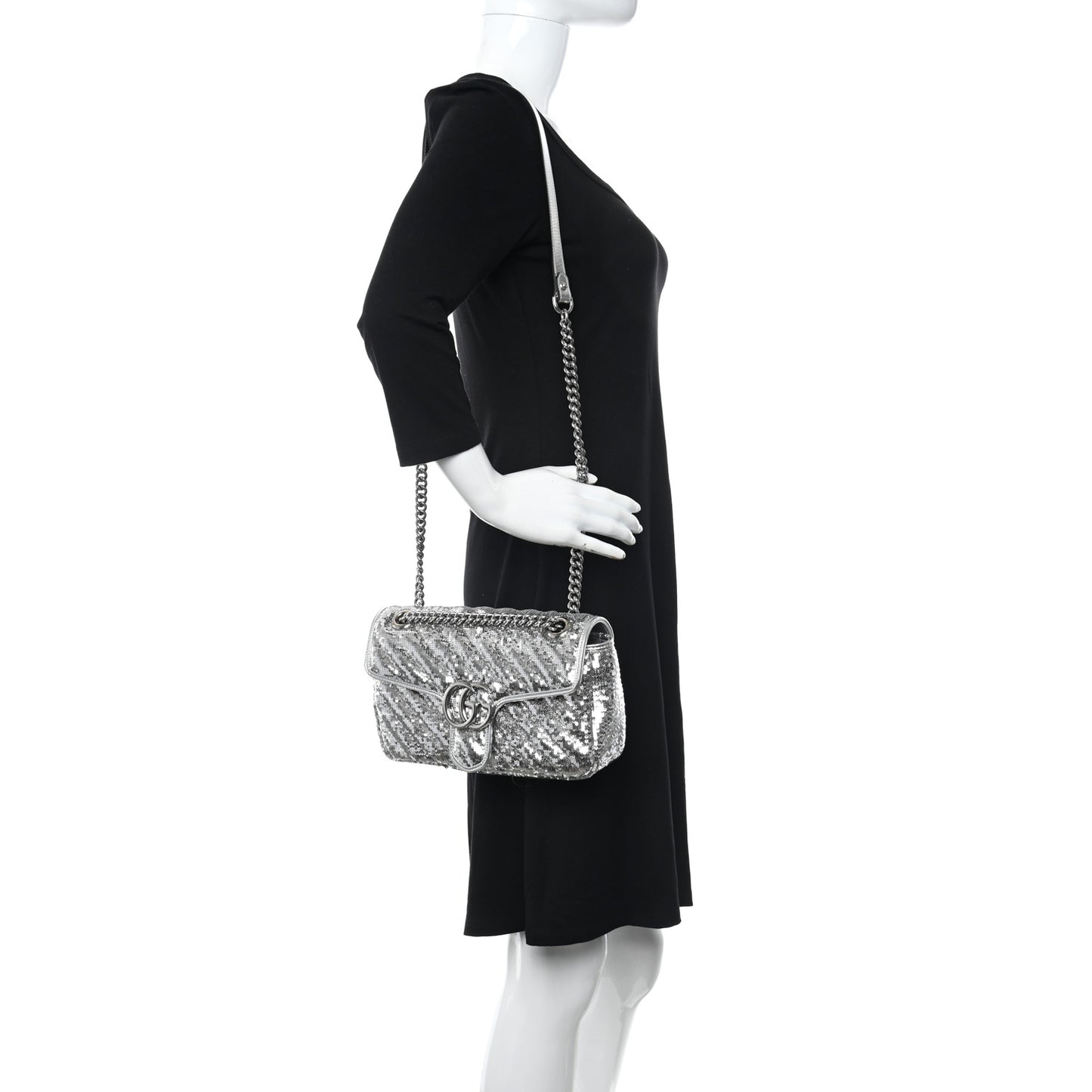 Sequin Matelasse Small GG Marmont Shoulder Bag Silver