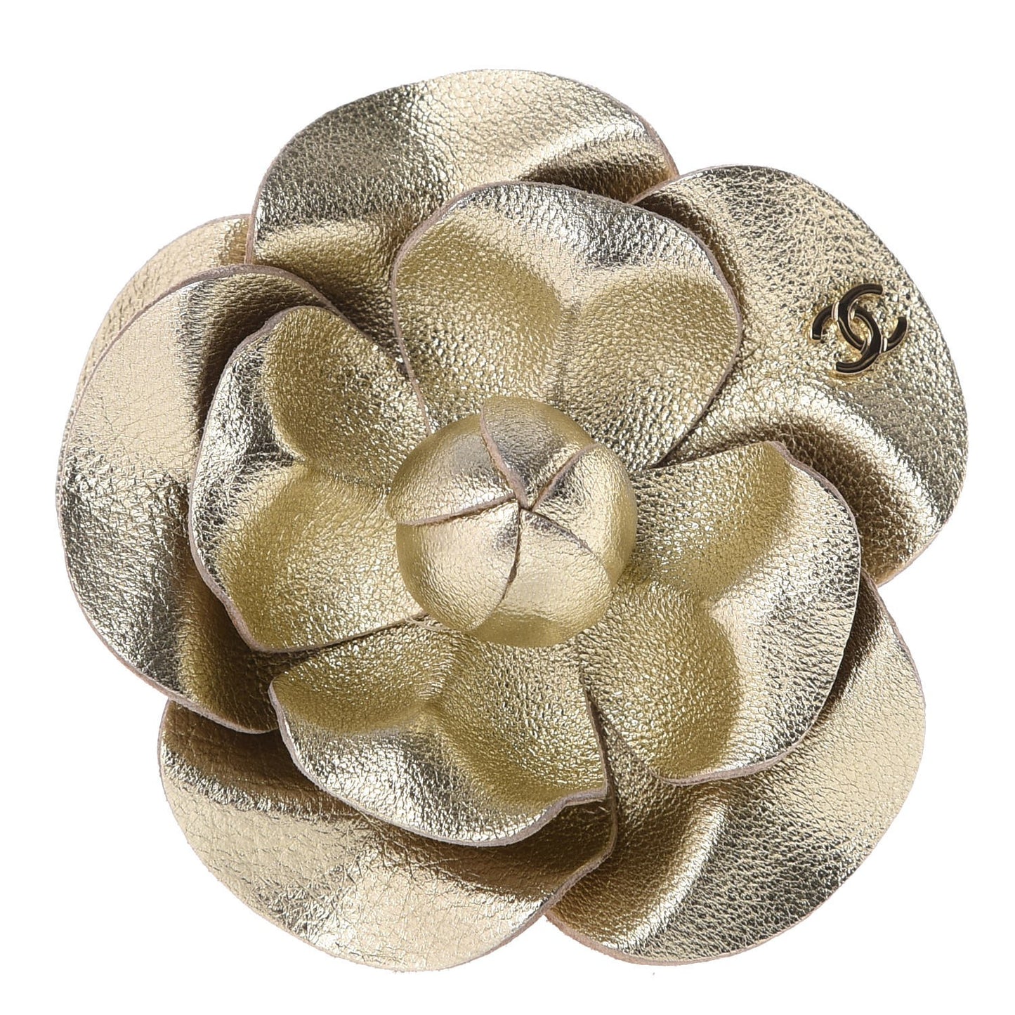 Metallic Lambskin Camellia Brooch Gold