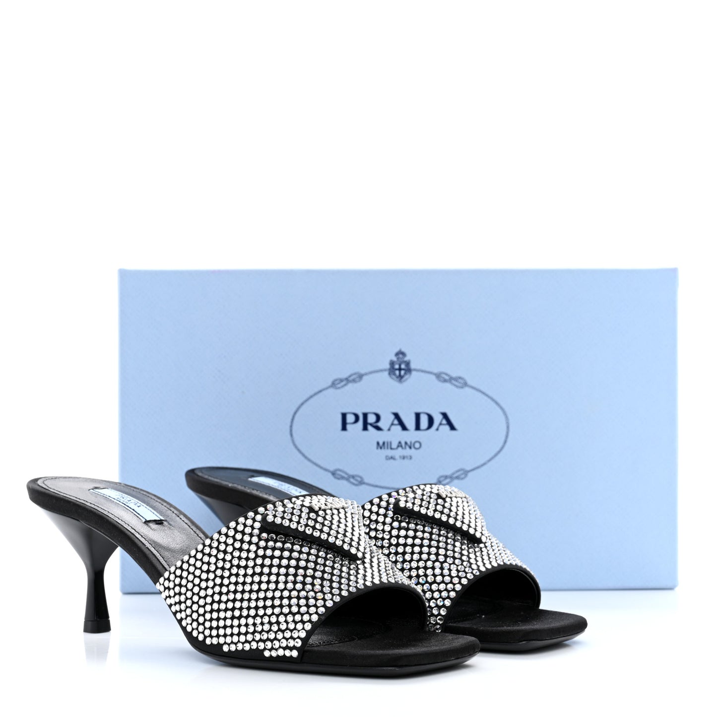 Satin Crystal Logo 65mm Slide Sandals 38.5 Cristal