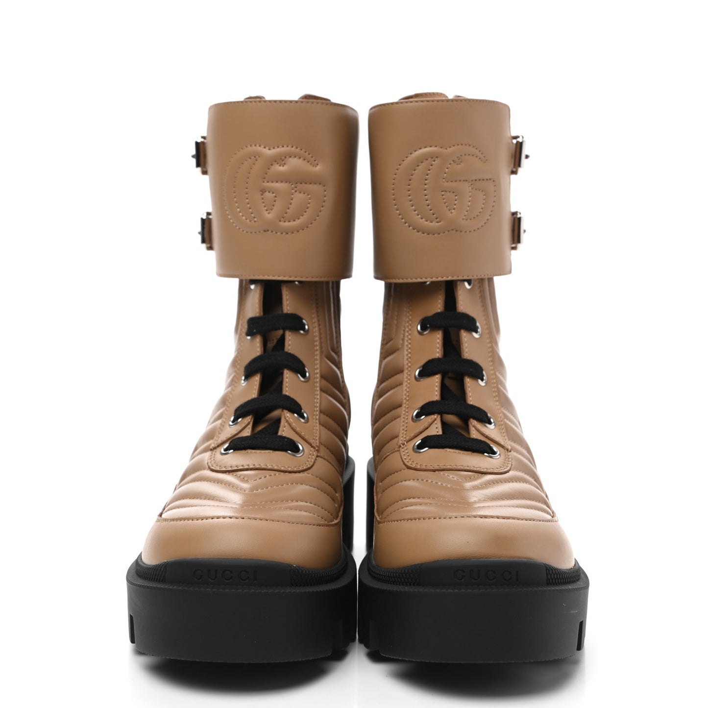 Nappa Frances GG Matelasse Platform Combat Boots 36 Natural Tan