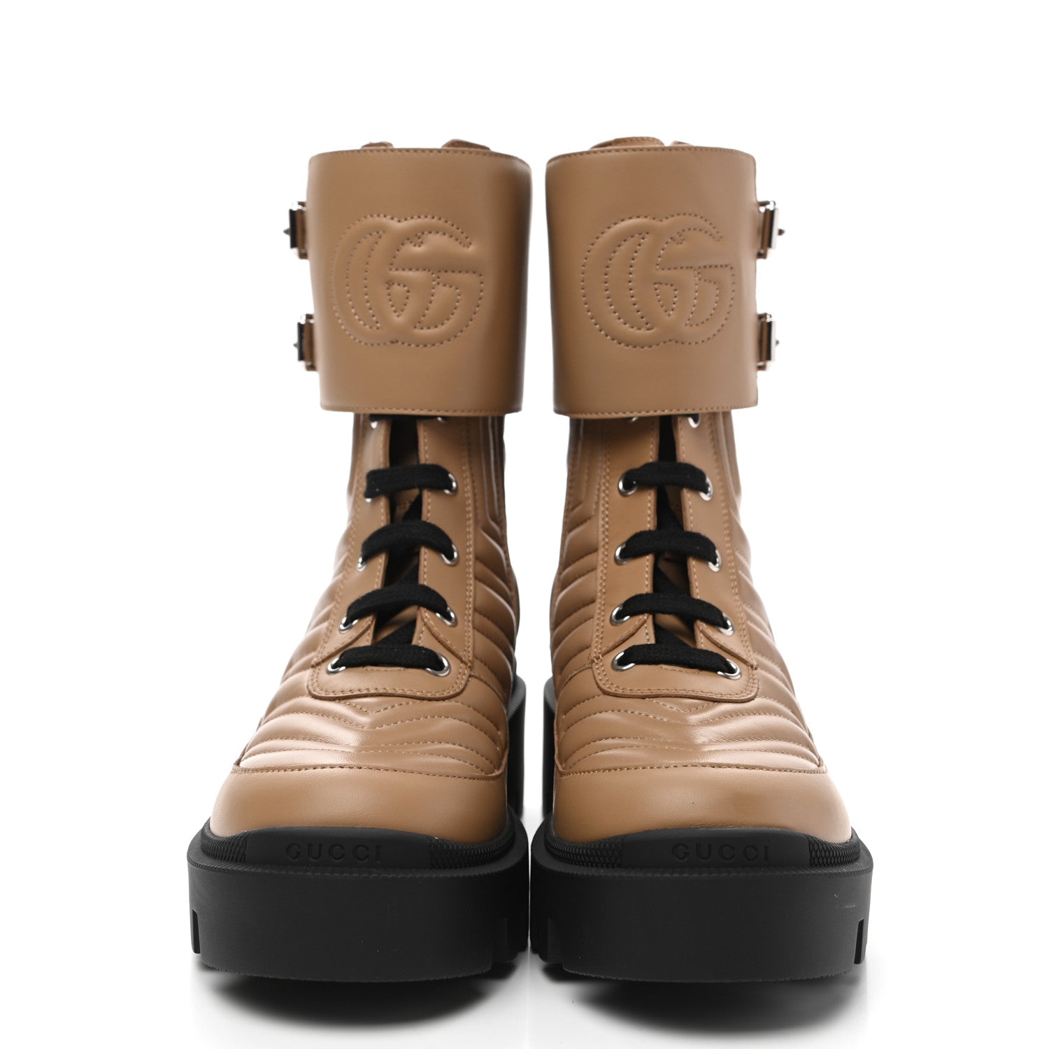 Gucci Nappa Frances GG Matelasse Platform Combat Boots 36 Natural Tan 2 of 9