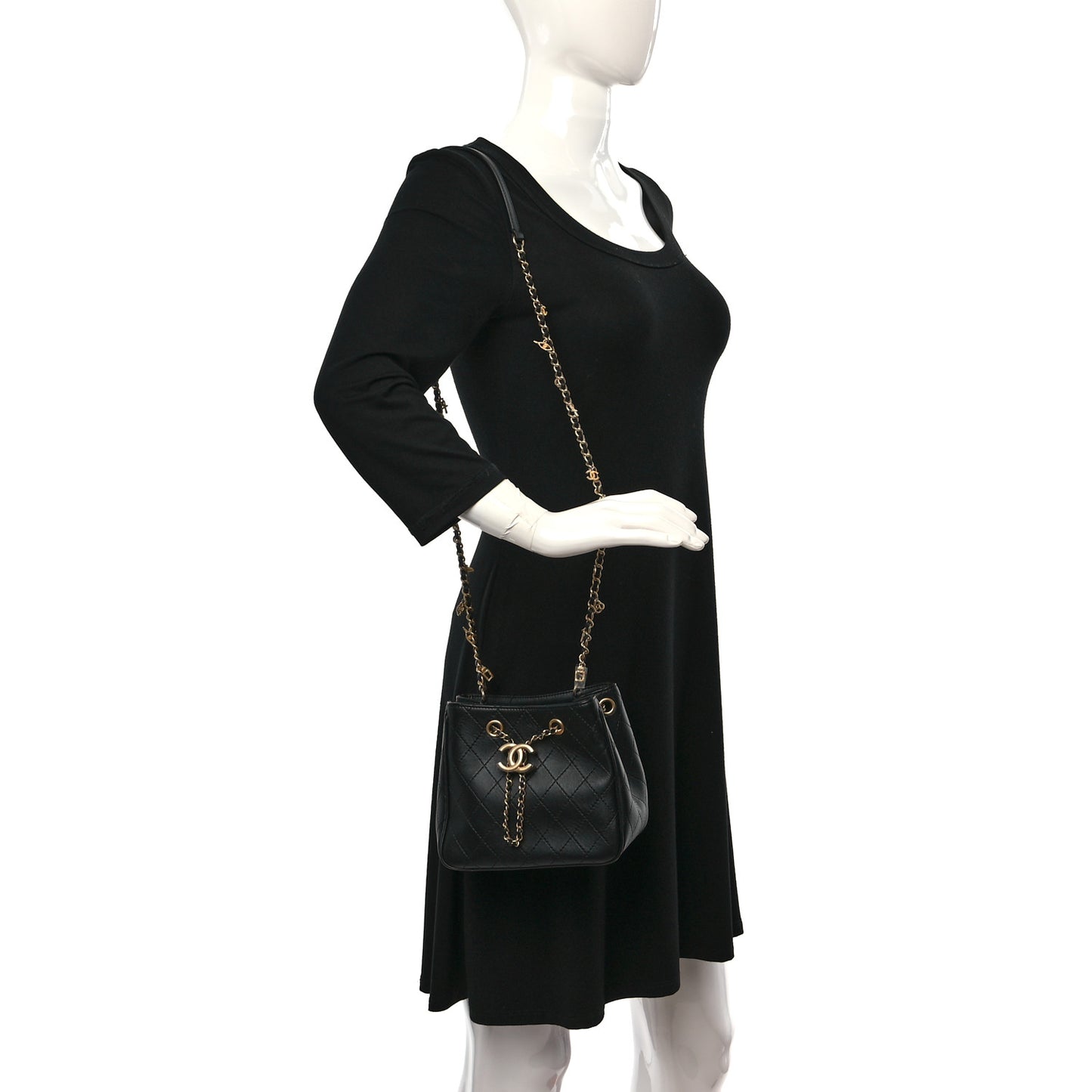 Calfskin Stitched Small Egyptian Amulet Drawstring Bag Black